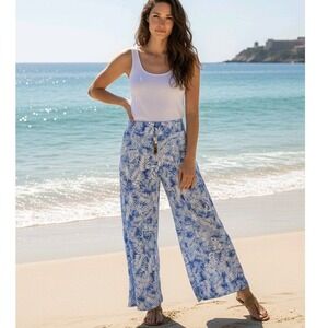 Kendall + Kylie Wide Leg Pants Tropical Leaf Print Blue White Elastic Waist L